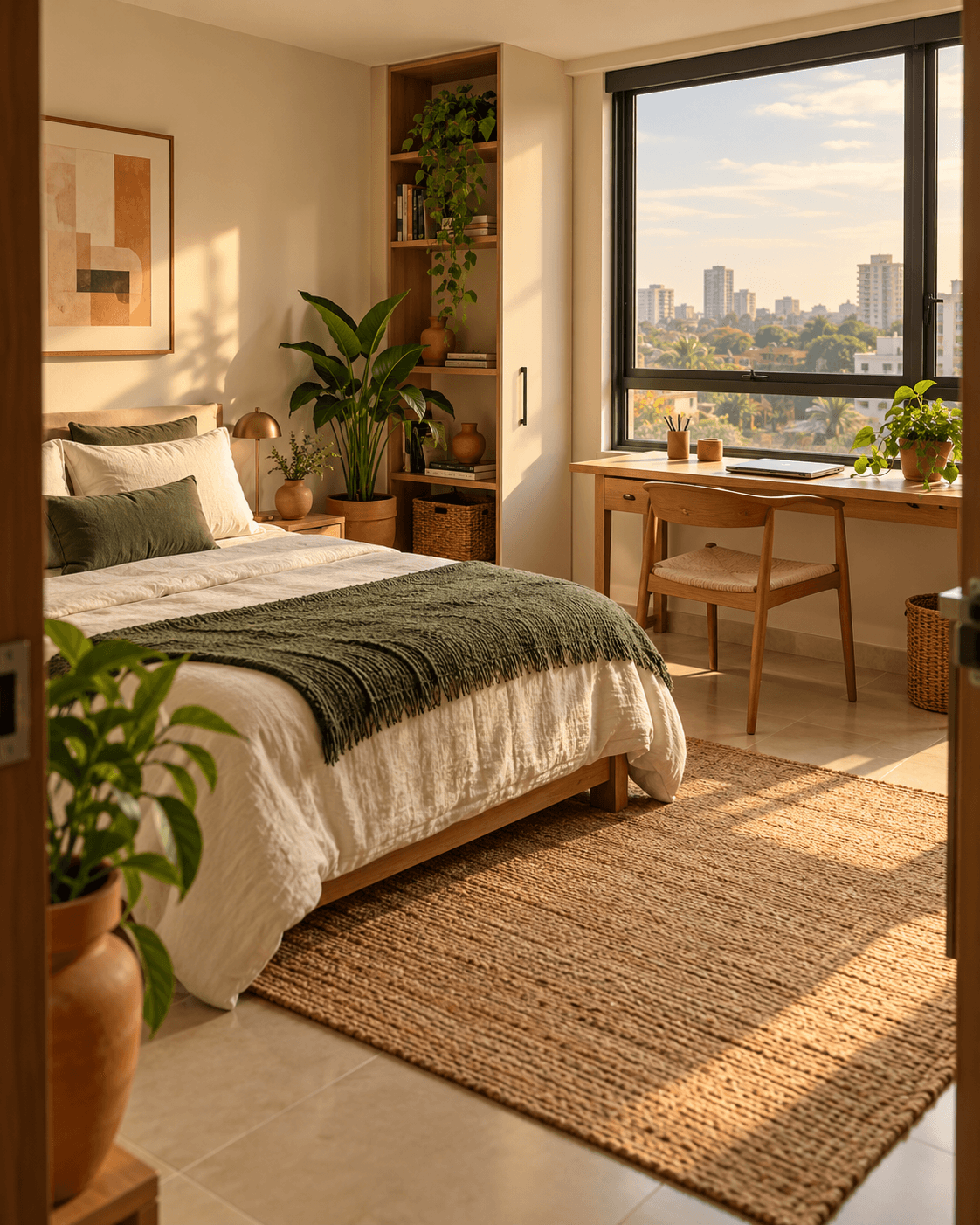 Illustrative sunlit studio with a bed, green accents and a desk beside the window