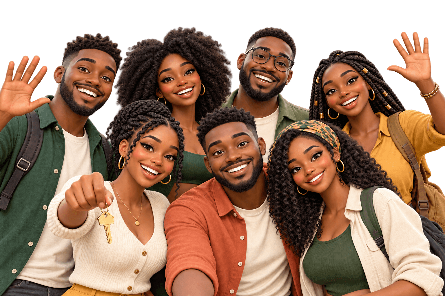 Joyful 3D illustration of a community of young African adults welcoming you to Lodgely