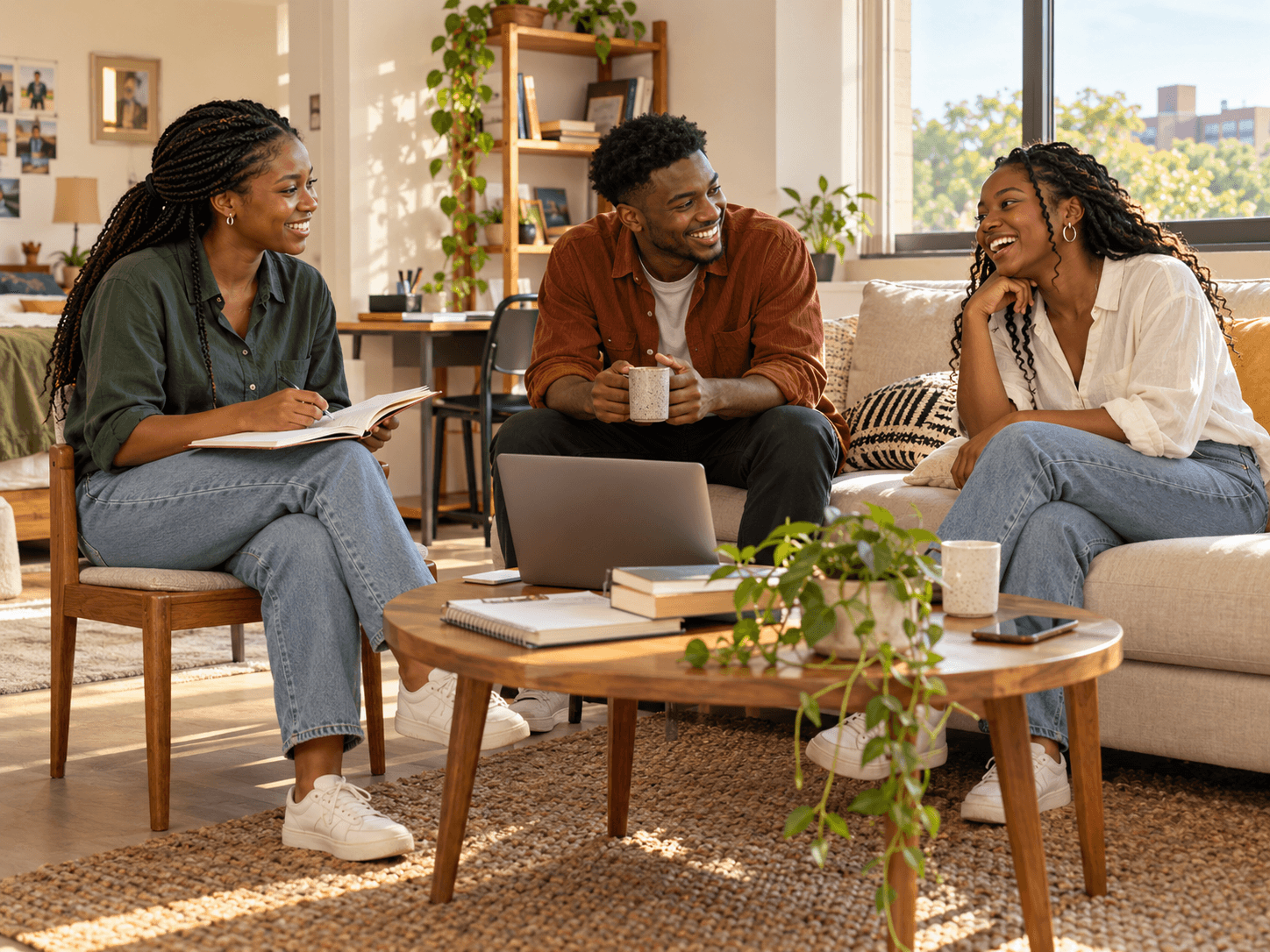 Illustration of three university students sharing a relaxed moment in a student apartment